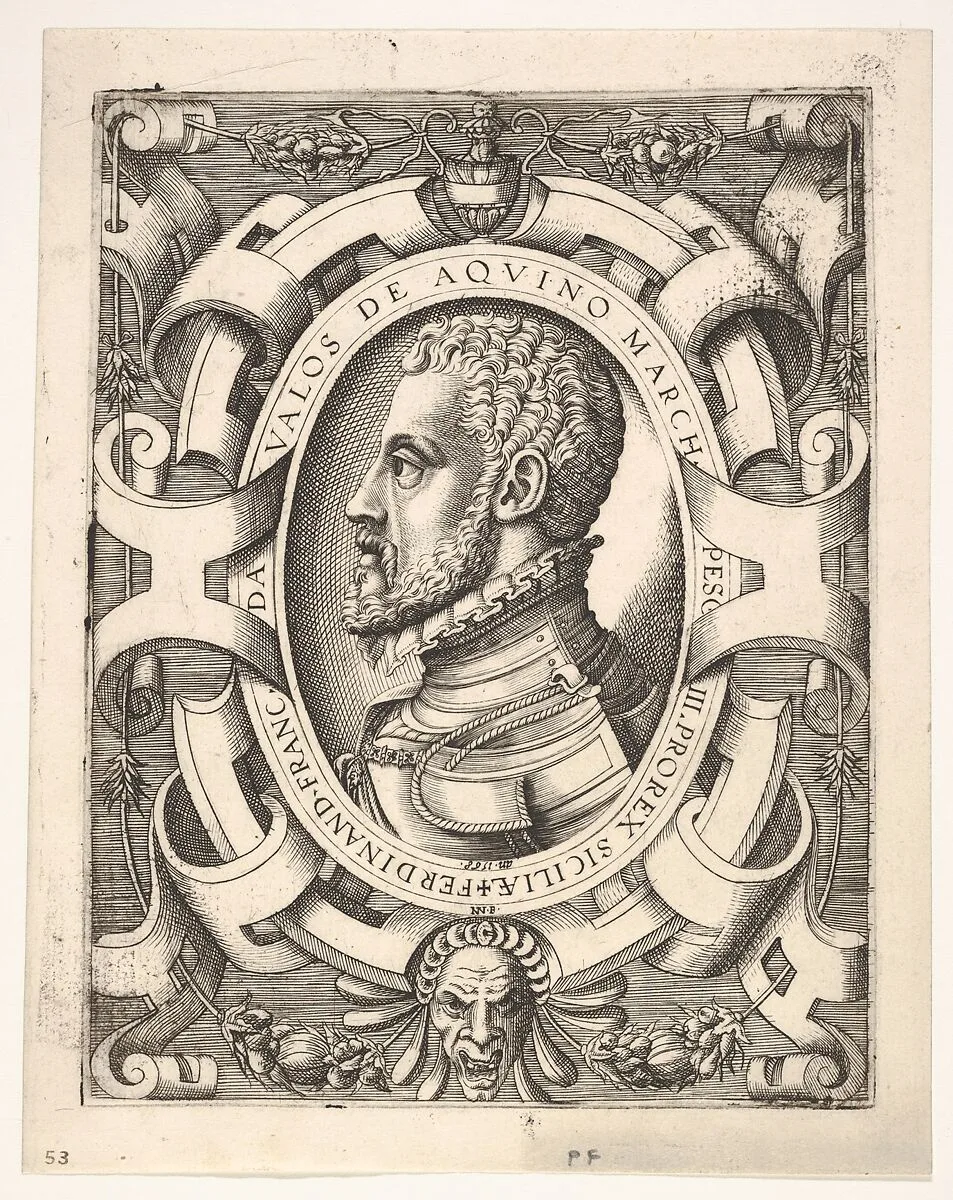 Bust portrait of Ferdinando Francesco de Avalos, marquis of Pescara, in an oval ornamented frame — Nicolò Nelli