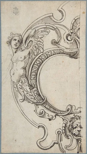 Half of a Cartouche with a Female Figure on the Left and a Lion's Head on the Bottom