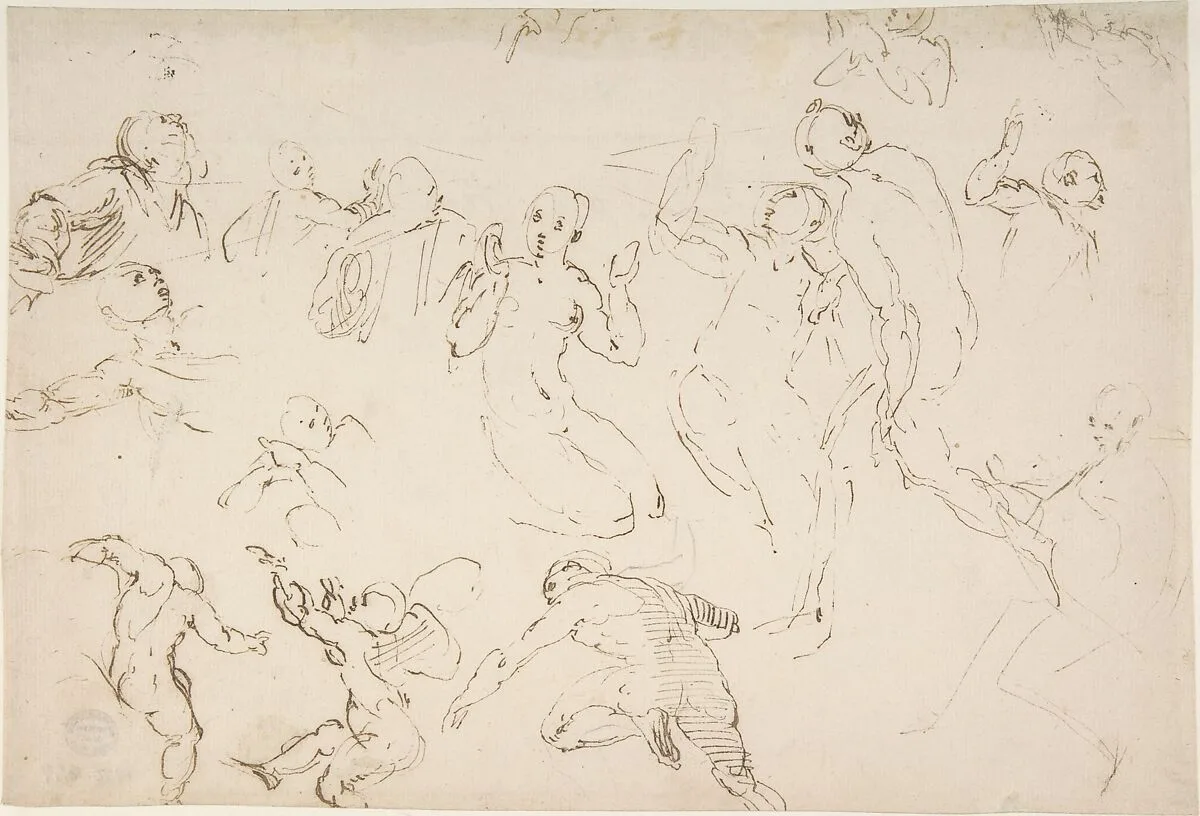 Standing and Kneeling Figures, and Studies of Flying Putti — Francesco Curia