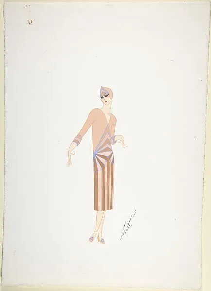 Design for Davidow, New York: Dress, Hat and Shoes in Panels of Beige and Brown Delineated by Lavendar — Erté (Romain de Tirtoff)