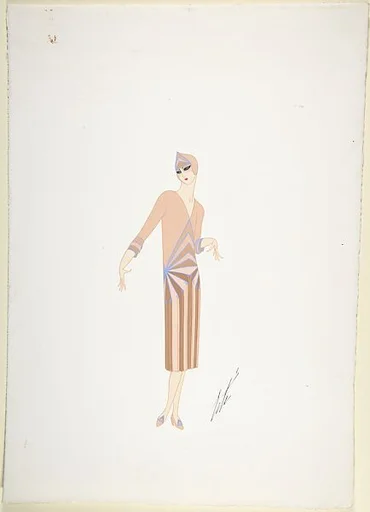 Design for Davidow, New York: Dress, Hat and Shoes in Panels of Beige and Brown Delineated by Lavendar