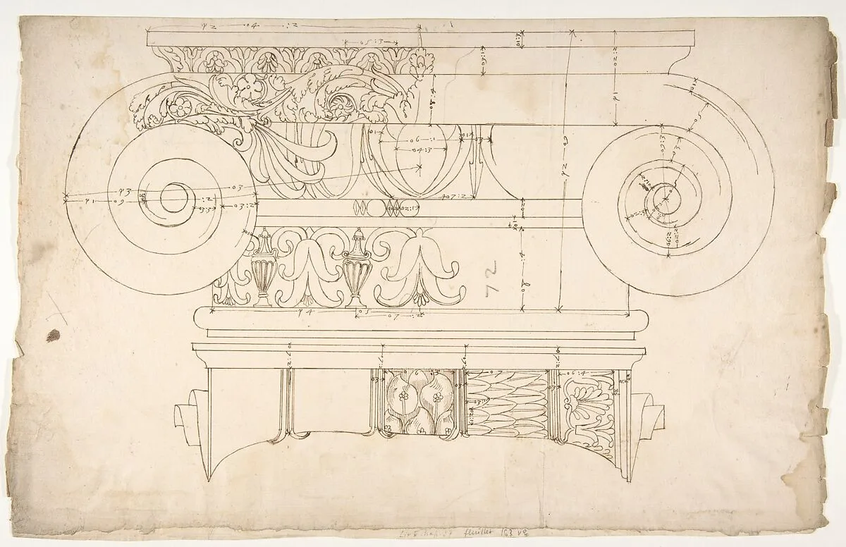 Unidentified, Ionic capital, elevation, front and side (recto) Unidentifed, Ionic capital, section, detail; Ionic capital, elevation, detail (verso) — Anonymous, French, 16th century