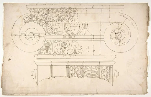 Unidentified, Ionic capital, elevation, front and side (recto) Unidentifed, Ionic capital, section, detail; Ionic capital, elevation, detail (verso)