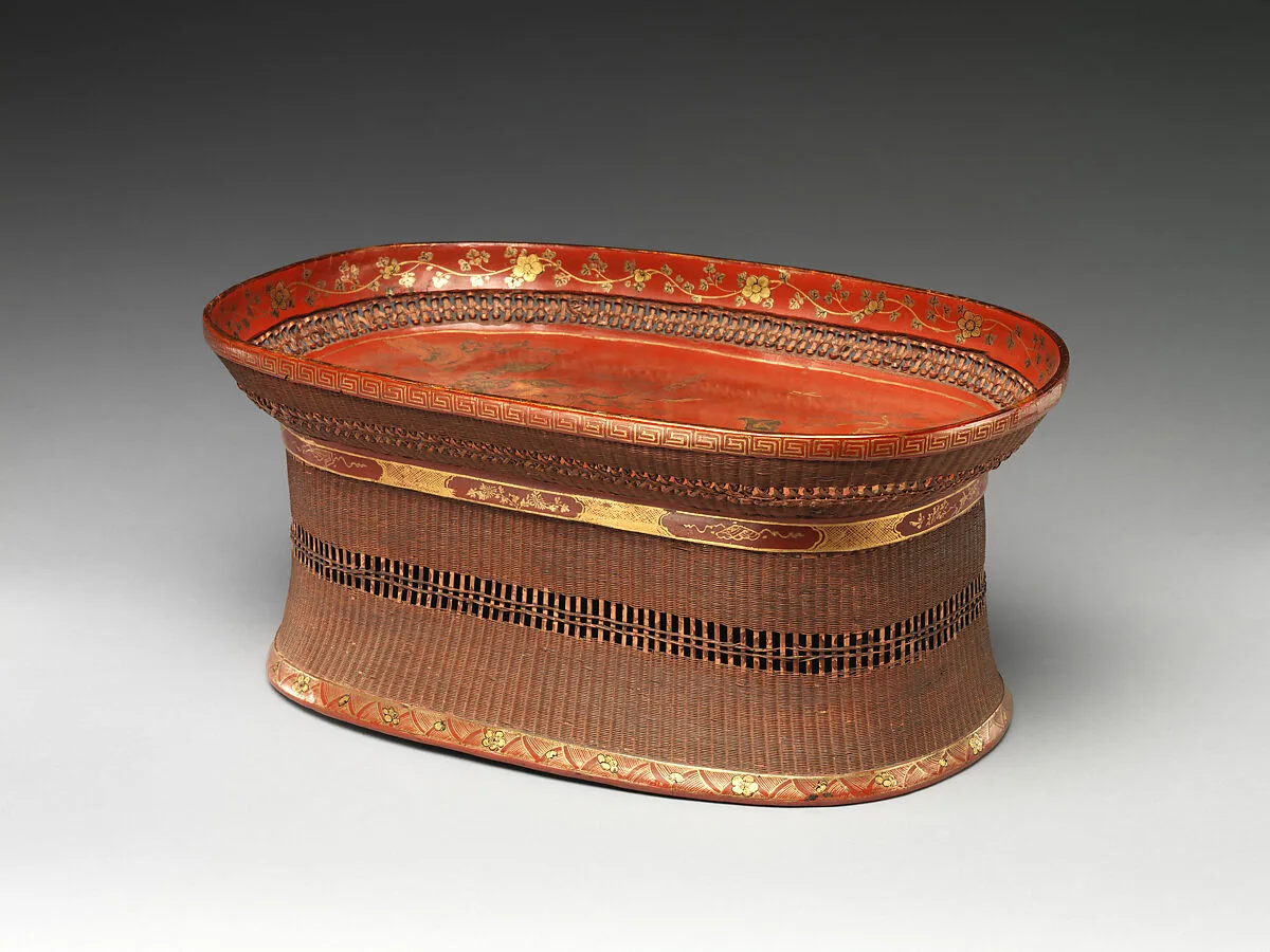 山水楼閣人物籃胎足付盆|Footed Tray with Figures in a Landscape — Unknown