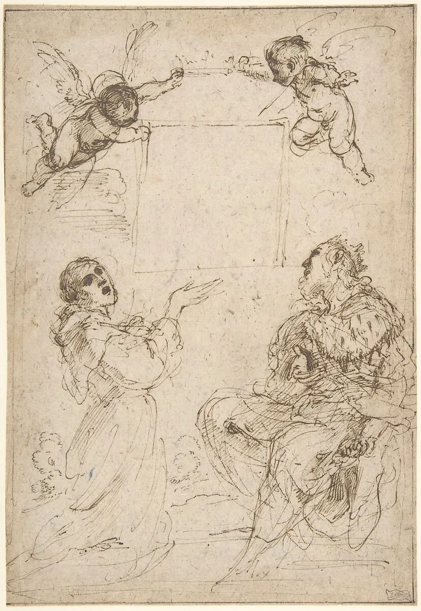 Saint Francis of Assisi and Saint Louis of France Venerating an Image of the Virgin — Guercino (Giovanni Francesco Barbieri)