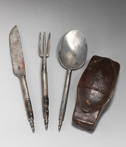 Knife, fork, and spoon in traveling case