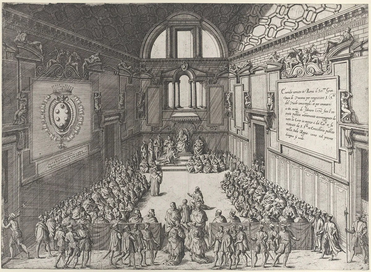 Audience given by Pope Pius V to Cosimo I, Duke of Tuscany — Giovanni Ambrogio Brambilla|Pope Pius V|Cosimo I de' Medici, Grand Duke of Tuscany