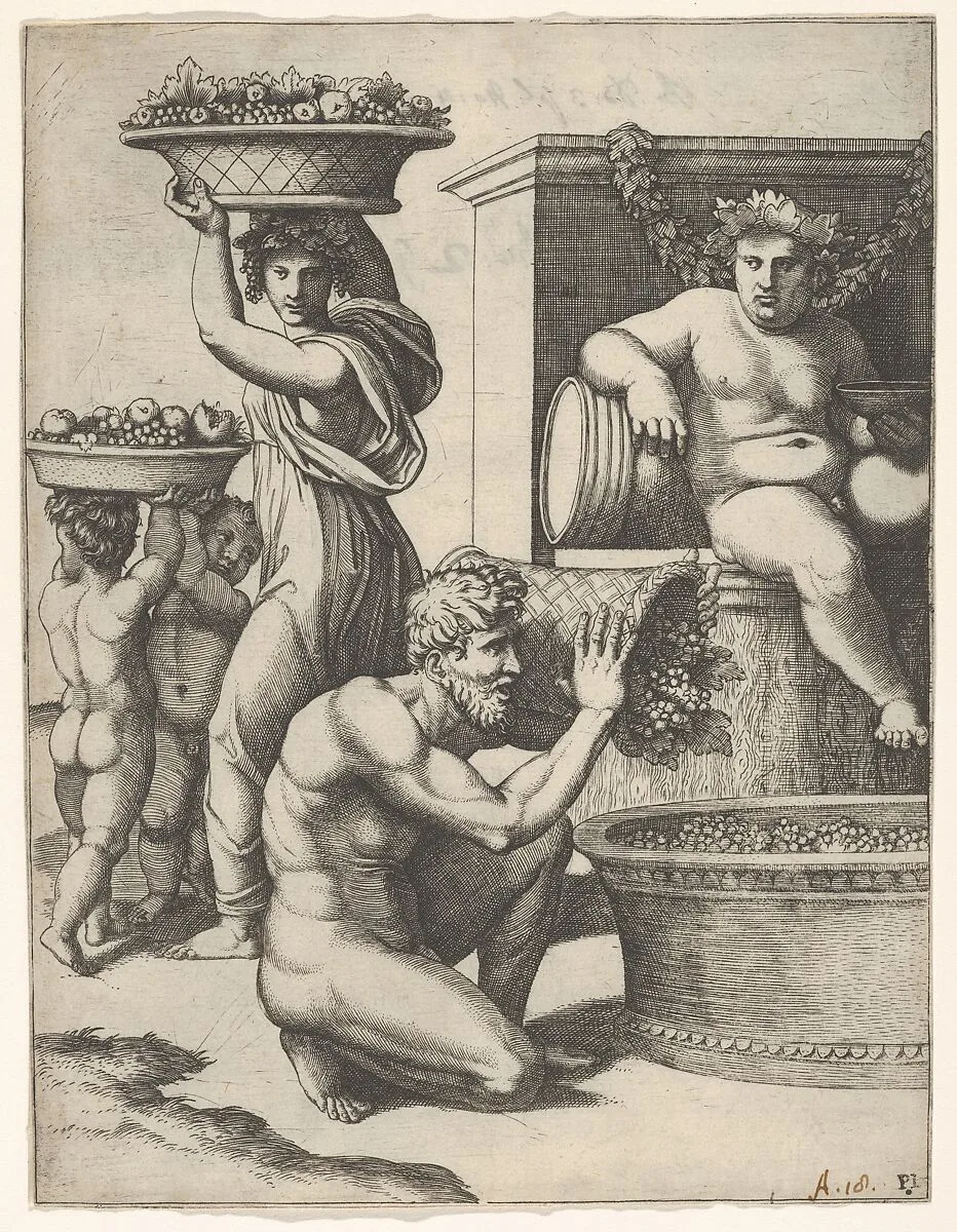 The Vintage; a man pouring grapes from a basket into a vat, above Bacchus sitting, other figures at left — Marcantonio Raimondi|Giovanni Francesco Penni|Raphael (Raffaello Sanzio or Santi)