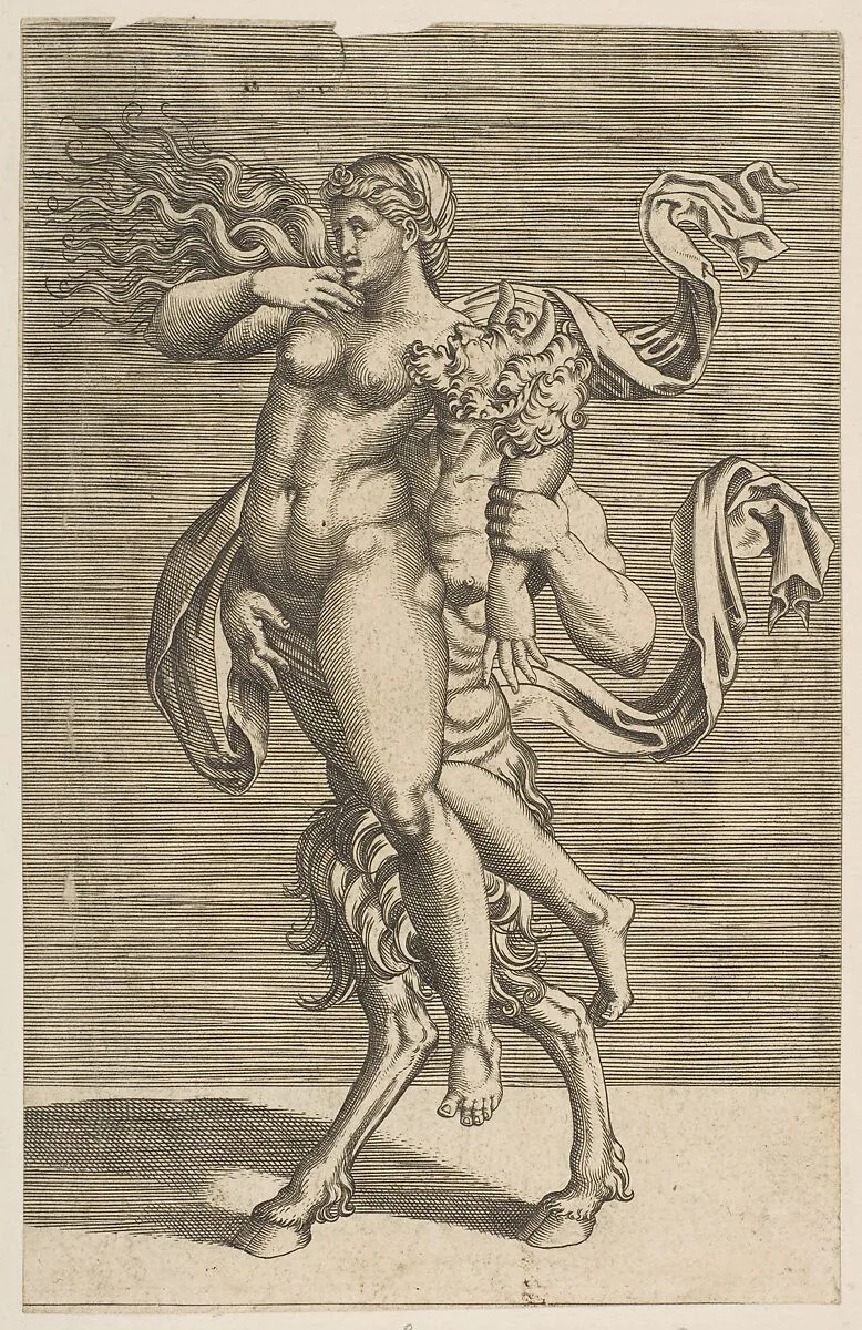 Satyr carrying a nymph restraining her right arm — Marco Dente|Anonymous, Italian, 16th to early 17th century