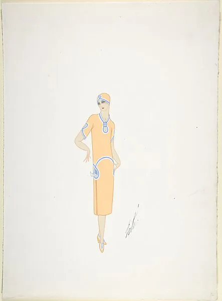 Design for Davidow, New York: Dress, Hat and Shoes in Light Orange with a Blue and White Loop Motif at the Neckline, Sleeves and Across the Hips — Erté (Romain de Tirtoff)