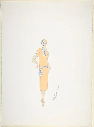 Design for Davidow, New York: Dress, Hat and Shoes in Light Orange with a Blue and White Loop Motif at the Neckline, Sleeves and Across the Hips