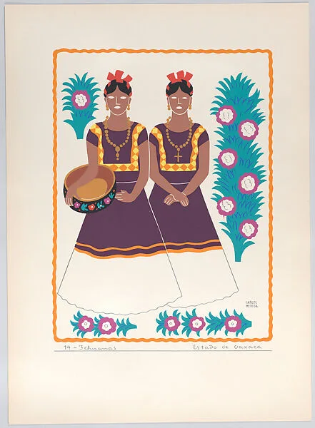 Plate 14: two Tehuana women from the state of Oaxaca, from 'Trajes regionales mexicanos' (regional Mexican dress) — Carlos Mérida|Editorial Atlante