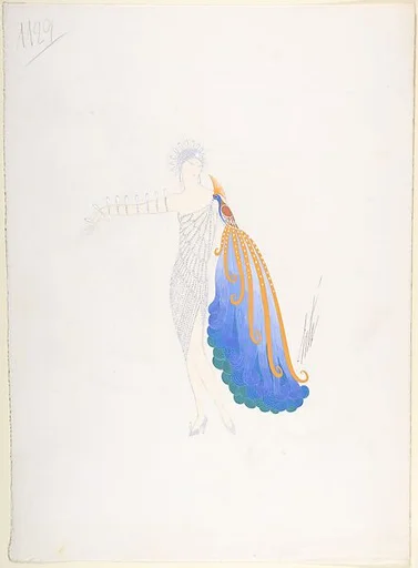 Design for Beaded Dress, Shoes, Bracelets and Headdress with Brightly Colored Bird for "Manhattan Mary," Majestic Theater, New York