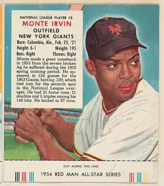 Monte Irvin, from the Major League All Stars series (T234), issued by Red Man Chewing Tobacco — Red Man Chewing Tobacco