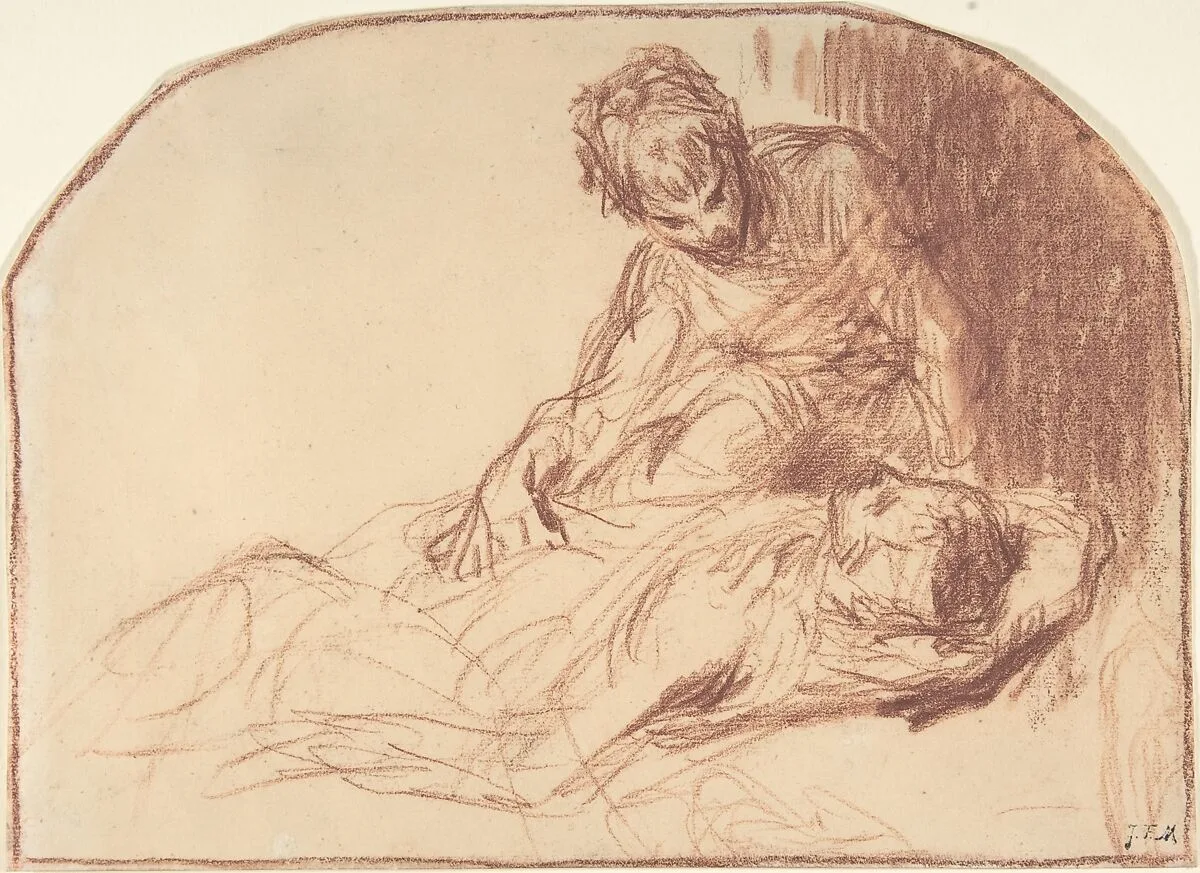 A Young Man Seated, Bent over a Reclining Figure — Jean-François Millet