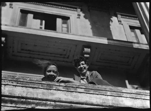 [Jane Ninas and Christine Fairchild on the Balcony of Belle Grove Plantation, White Castle, Louisiana]