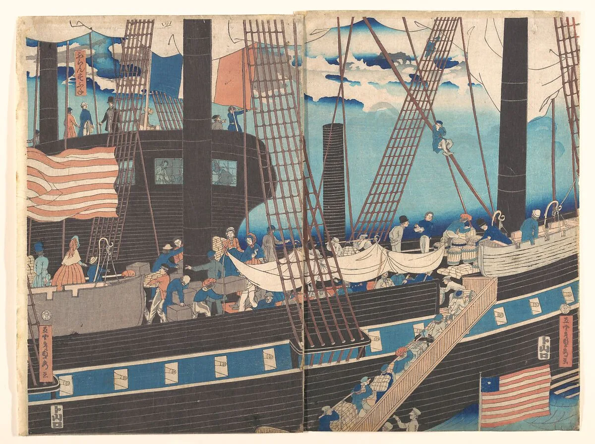 「横浜交易西洋人荷物運送之圖」|“Yokohama Trade: Westerners Loading Cargo” — Utagawa (Gountei) Sadahide
