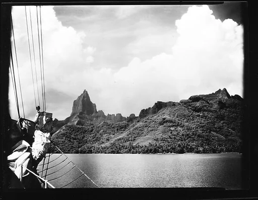[South Seas: Rock Formations and Mountain Range, with Cressida Rigging in Foreground]
