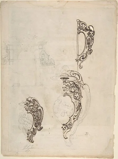Designs for Cartouches, Containing Arms of Cardinal Aldobrandini (Later Pope Clement VIII), with Arch in Upper Left (recto); engraving by Enea Vico, urn with lion heads and garlands (verso)
