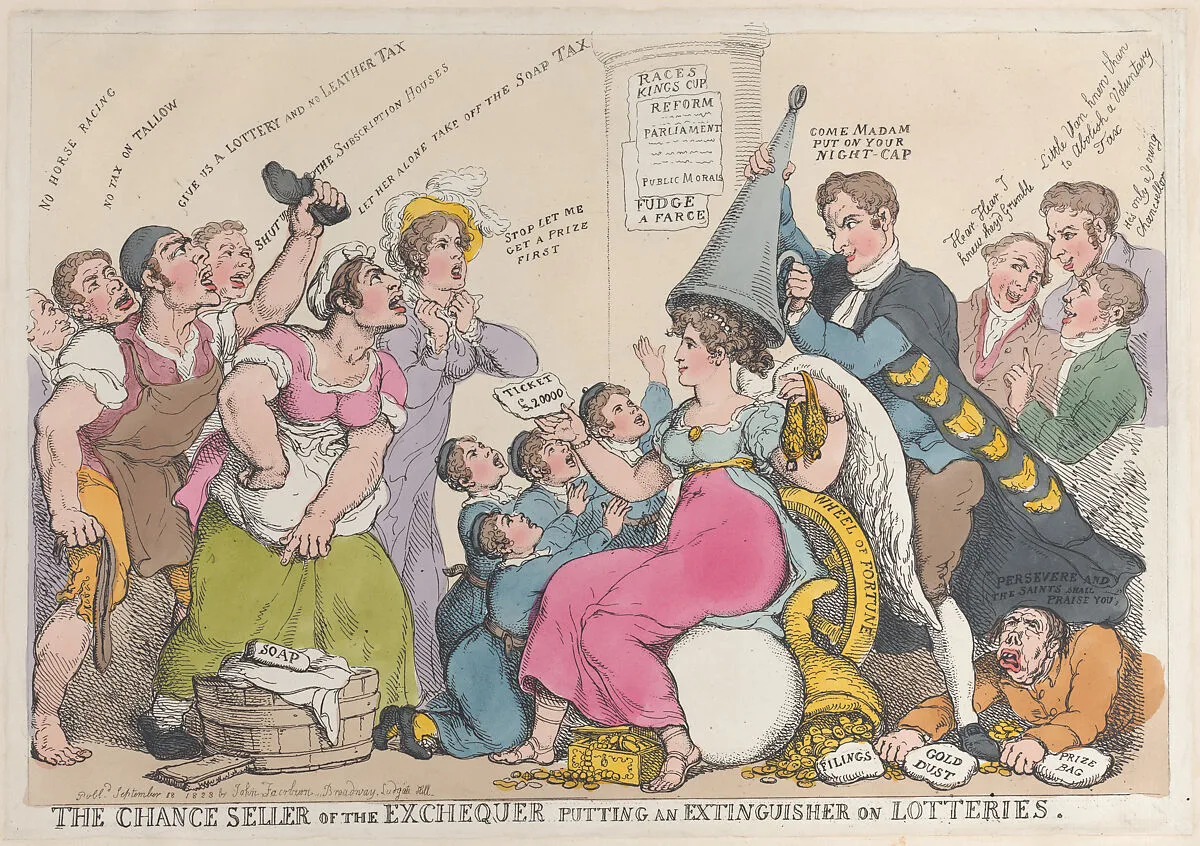 The Chance Seller of the Exchequer Putting an Extinguisher on Lotteries — Frederick John Robinson|John Fairburn|Thomas Rowlandson