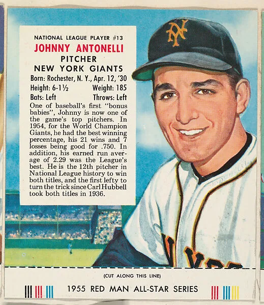 Johnny Antonelli, from the Major League Baseball series (T235), issued by Red Man Chewing Tobacco — Red Man Chewing Tobacco