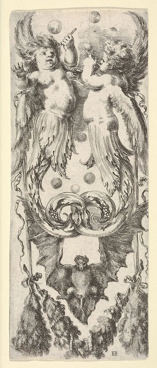 Two putti above, their legs ending in scrollwork, a bat below, from 'Ornaments or Grotesques' (Ornamenti o Grottesche) — Stefano della Bella