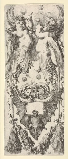 Two putti above, their legs ending in scrollwork, a bat below,  from 'Ornaments or Grotesques' (Ornamenti o Grottesche)