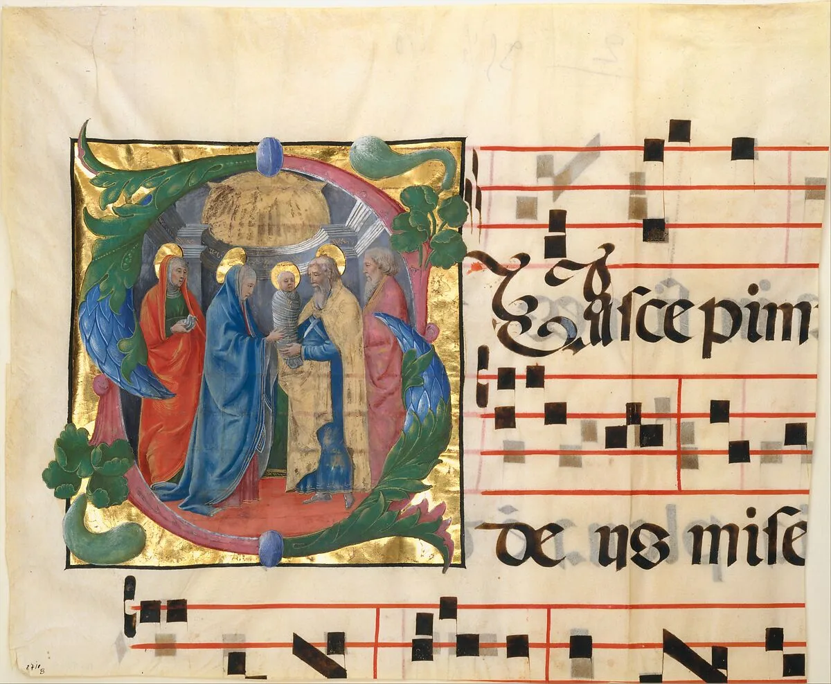 Manuscript Illumination with the Presentation in the Temple in an Initial S, from a Gradual — Cosmè Tura (Cosimo di Domenico di Bonaventura)