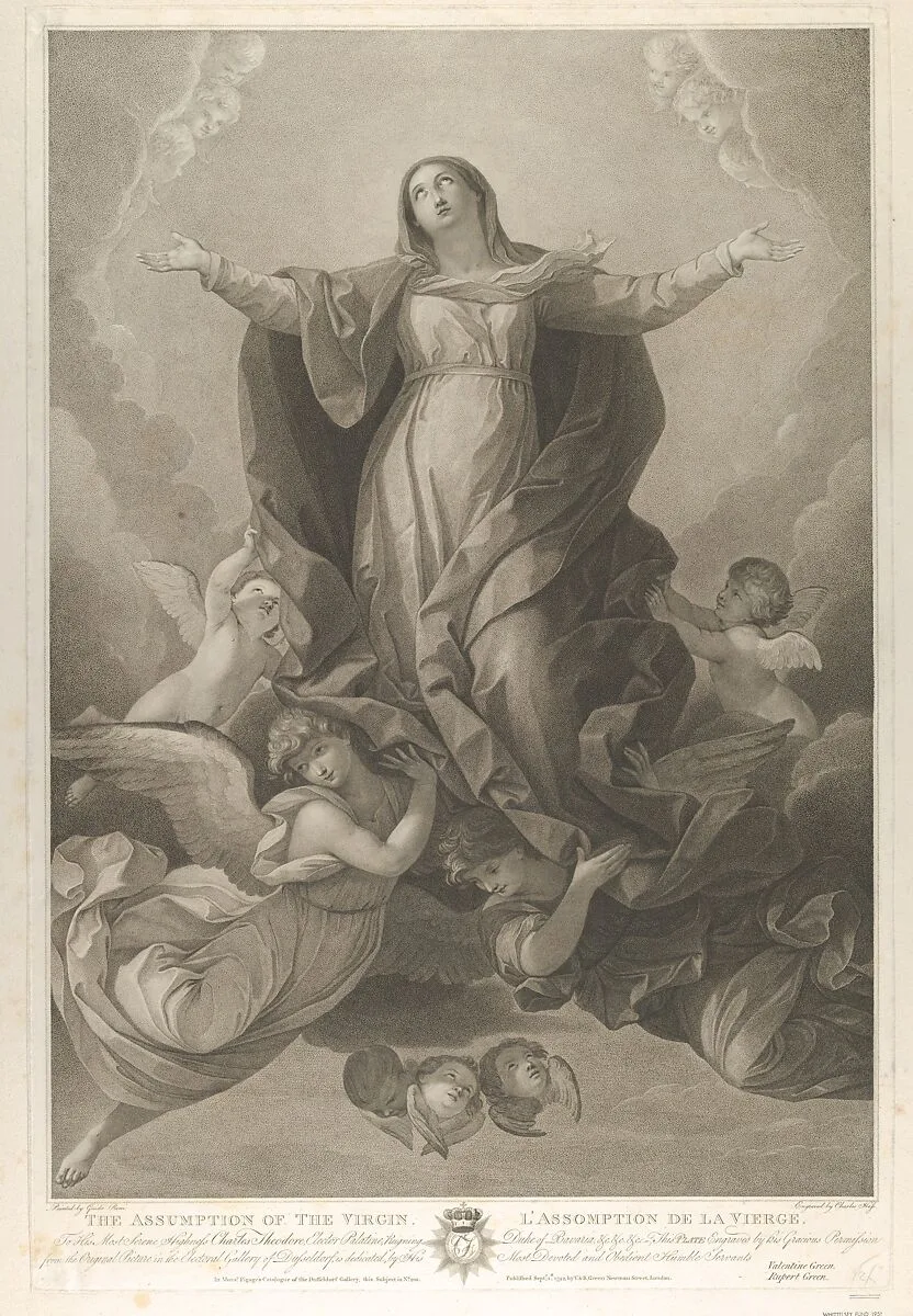 The assumption of the Virgin, who rises with arms outstretched, angels supporting her from below, after Reni — Guido Reni|Valentine Green|Rupert Green|Carl Ernst Christoph Hess|V. & R. Green, London