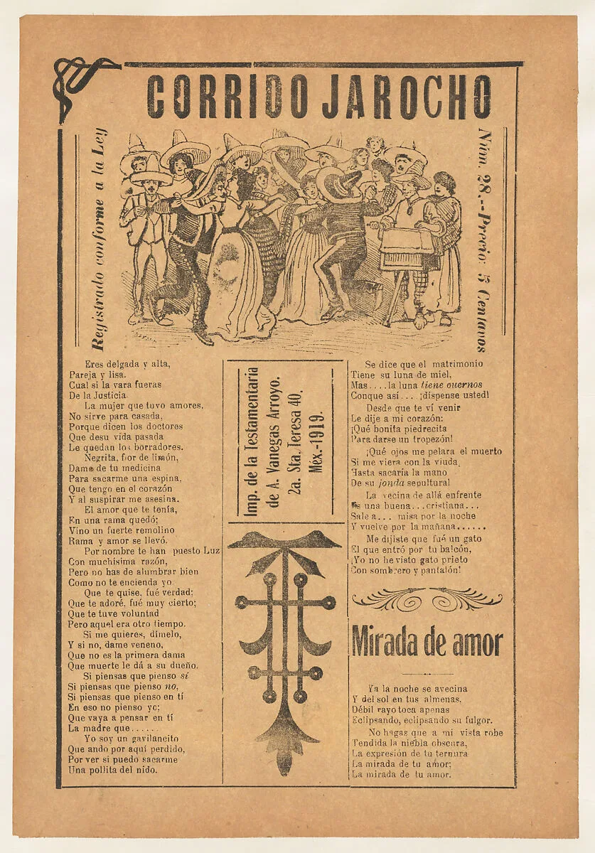 Broadsheet featuring two corrido narrative love ballads, multiple couples dancing — Antonio Vanegas Arroyo|José Guadalupe Posada
