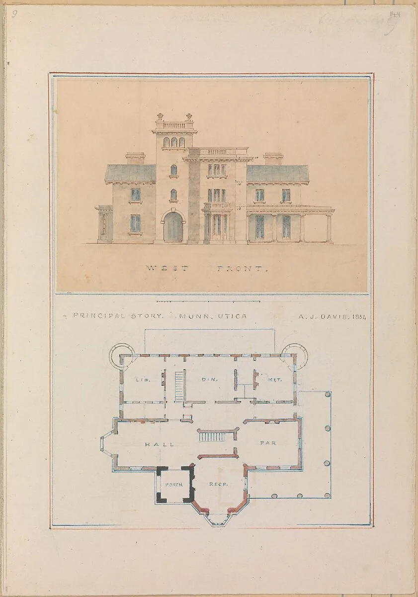 West Front and Principal Floor Plan of John Munn House, Utica, New York — Alexander Jackson Davis