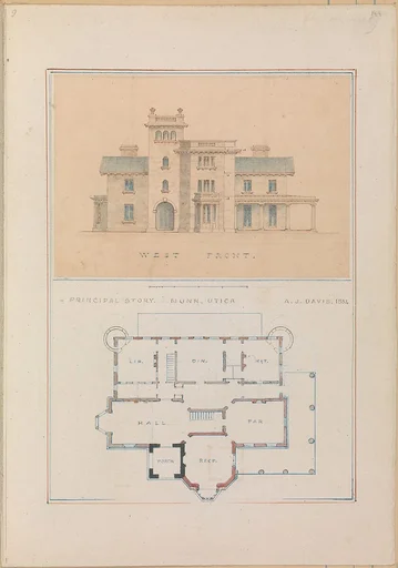 West Front and Principal Floor Plan of John Munn House, Utica, New York
