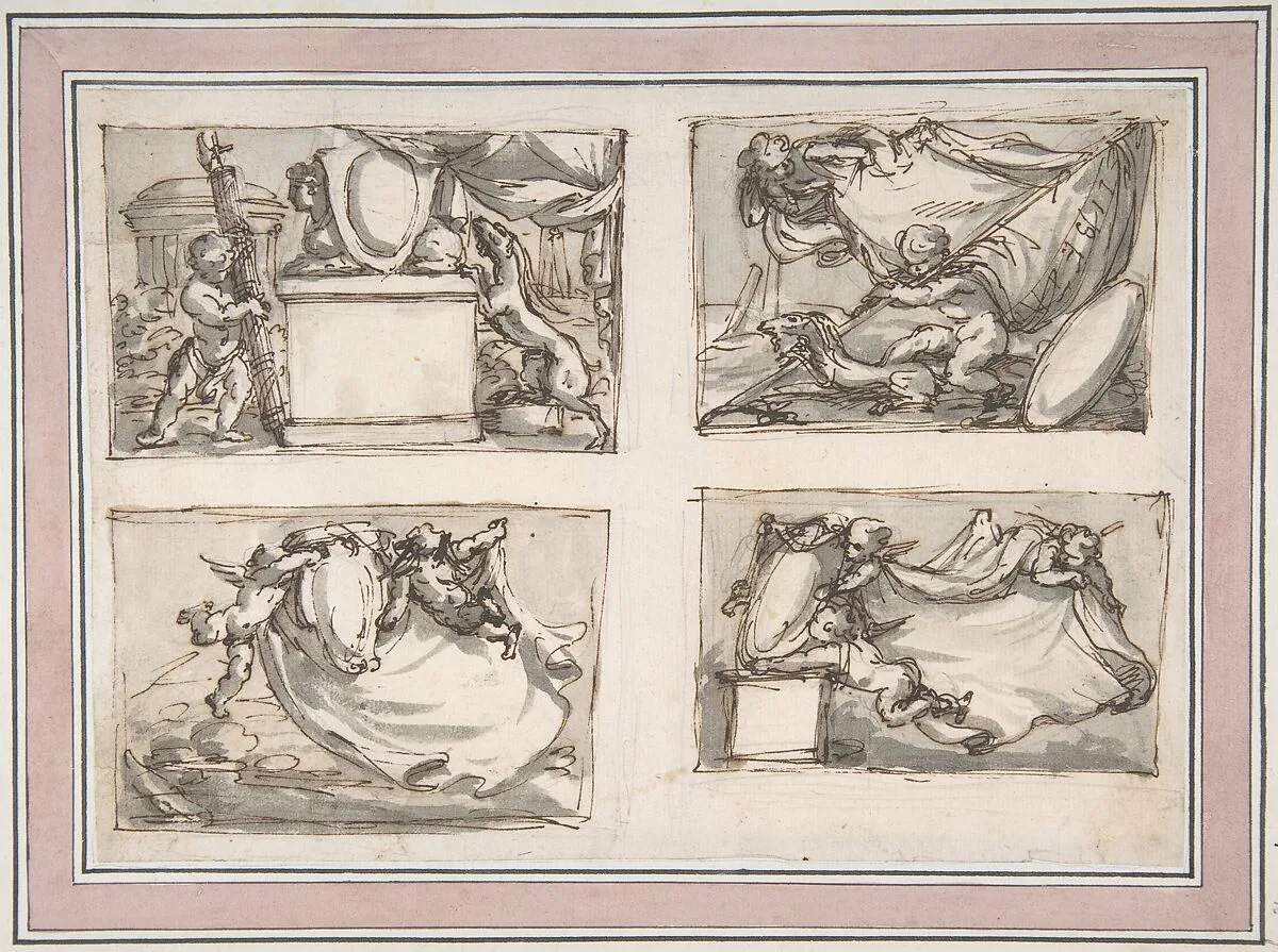 Four Sketches of Putti Hanging Coat of Arms — Carlo Marchionni