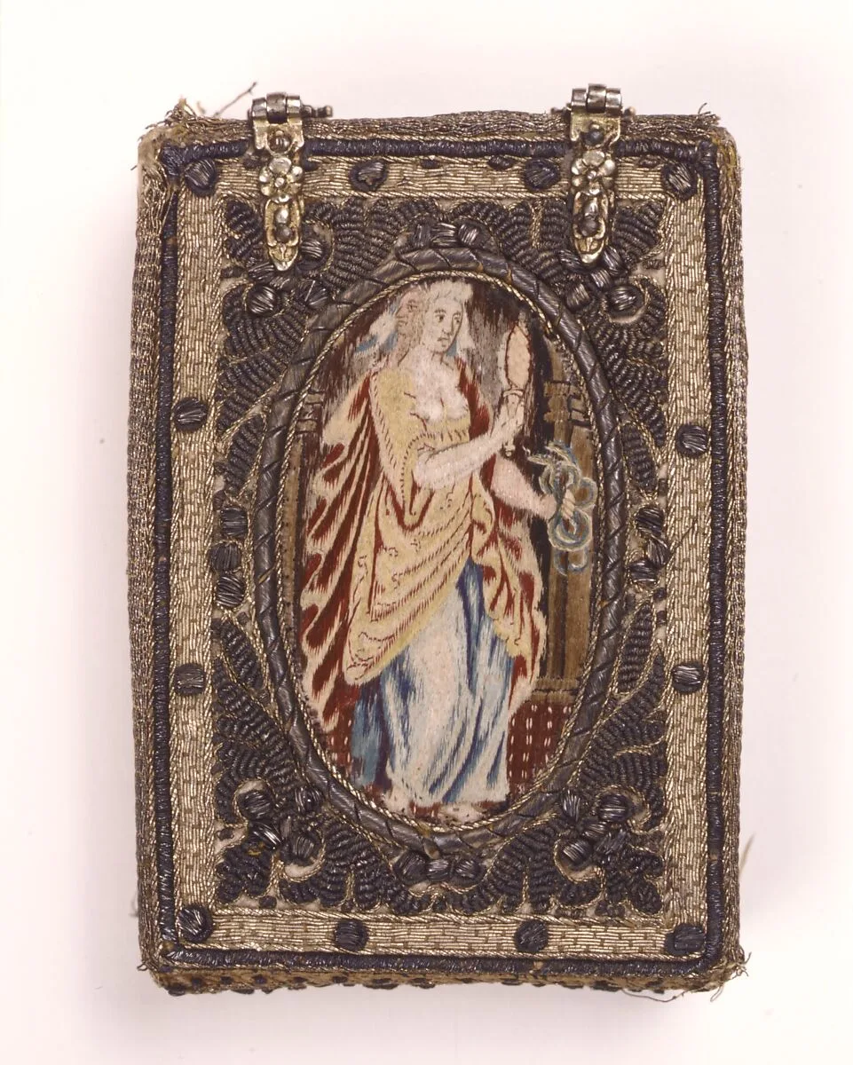 Book with Needlework Cover with Figures of Justice and Prudence — Unknown