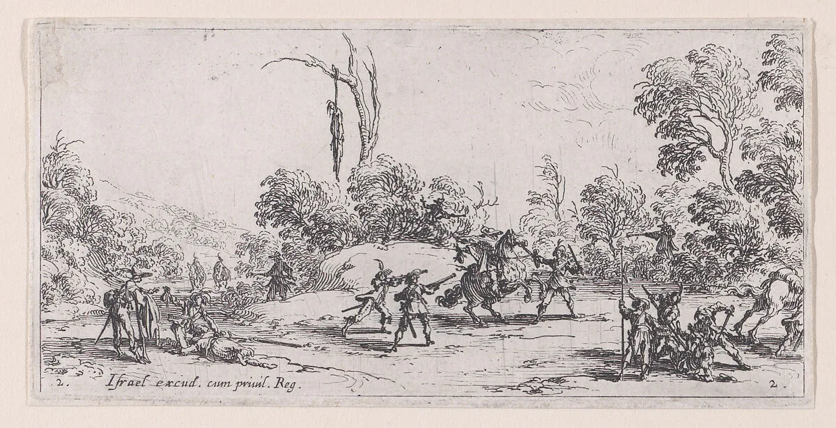 L'Attaque sur la Route estampe appelée aussi Vol Sur Les Grands Chemins (Attack on Route, also called Theft on the Great Road), from Les Petites Misères de la Guerre (The Little Miseries of War), plate 2 — Jacques Callot|Israël Henriet