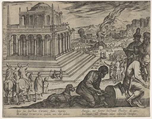 Plate 5: Tomb of Mausolus, stone masons make a column at the right, from The Seven Wonders of the World