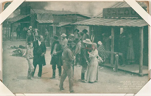 Village after an Indian attack in "The Pony Express" from Western Stars or Scenes Exhibit Cards series (W412) — Unknown