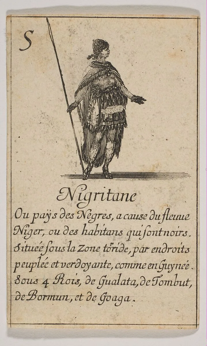 Nigritane, from "Jeu de la Géographie" — Stefano della Bella|Jean Desmarets de Saint-Sorlin|Henri Le Gras|Louis XIV, King of France|Cardinal Jules Mazarin