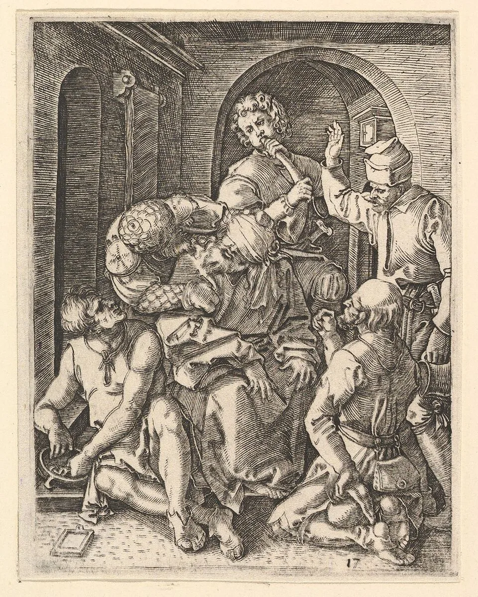 The mocking of Christ who is seated in center, blindfolded, after Dürer — Marcantonio Raimondi|Albrecht Dürer