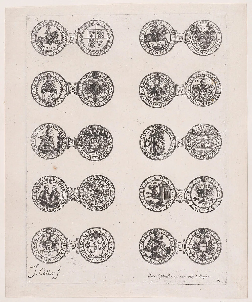 5th Plate, Featuring 10 Coins Issued by European Princes in the 16th and 17th centuries, from Les Monnaies (The Currencies) — Jacques Callot|Israel Silvestre