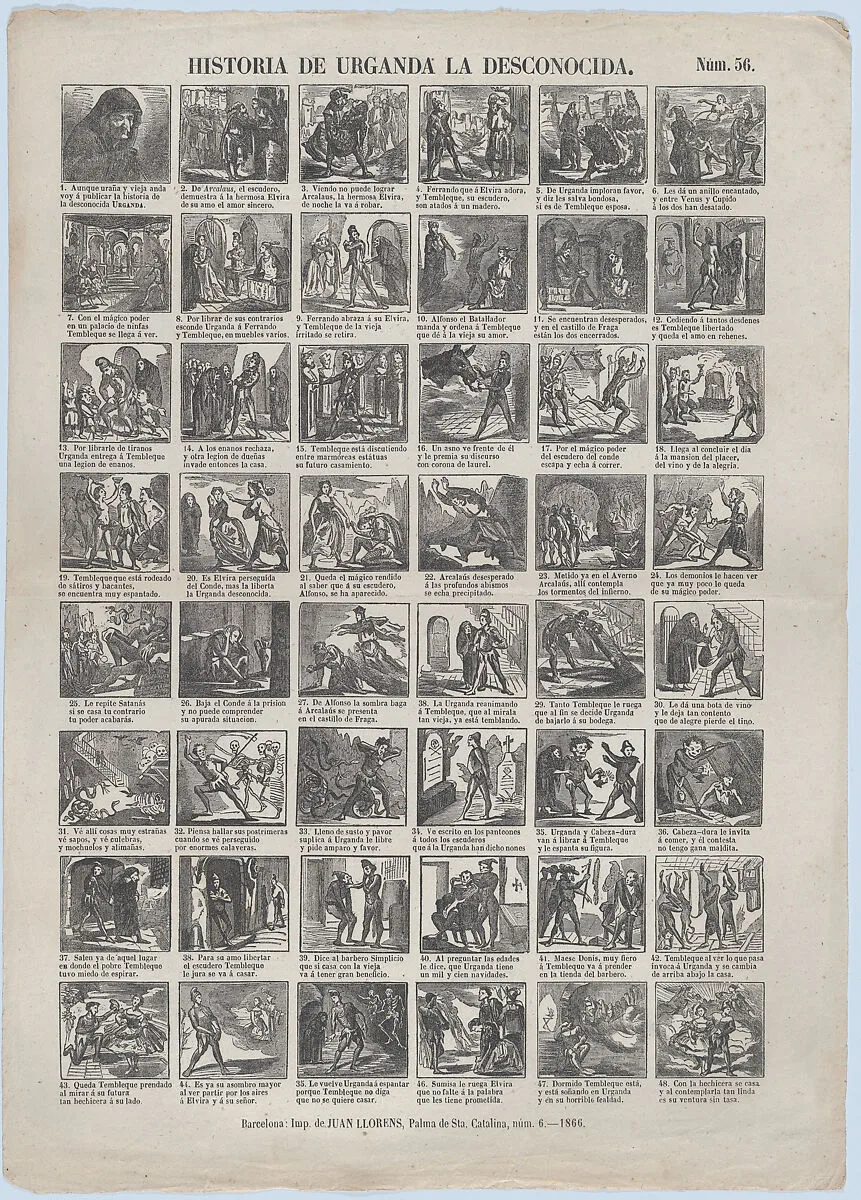 Broadside with 48 scenes illustrating the story of Urganda the Unknowable — Juan Llorens