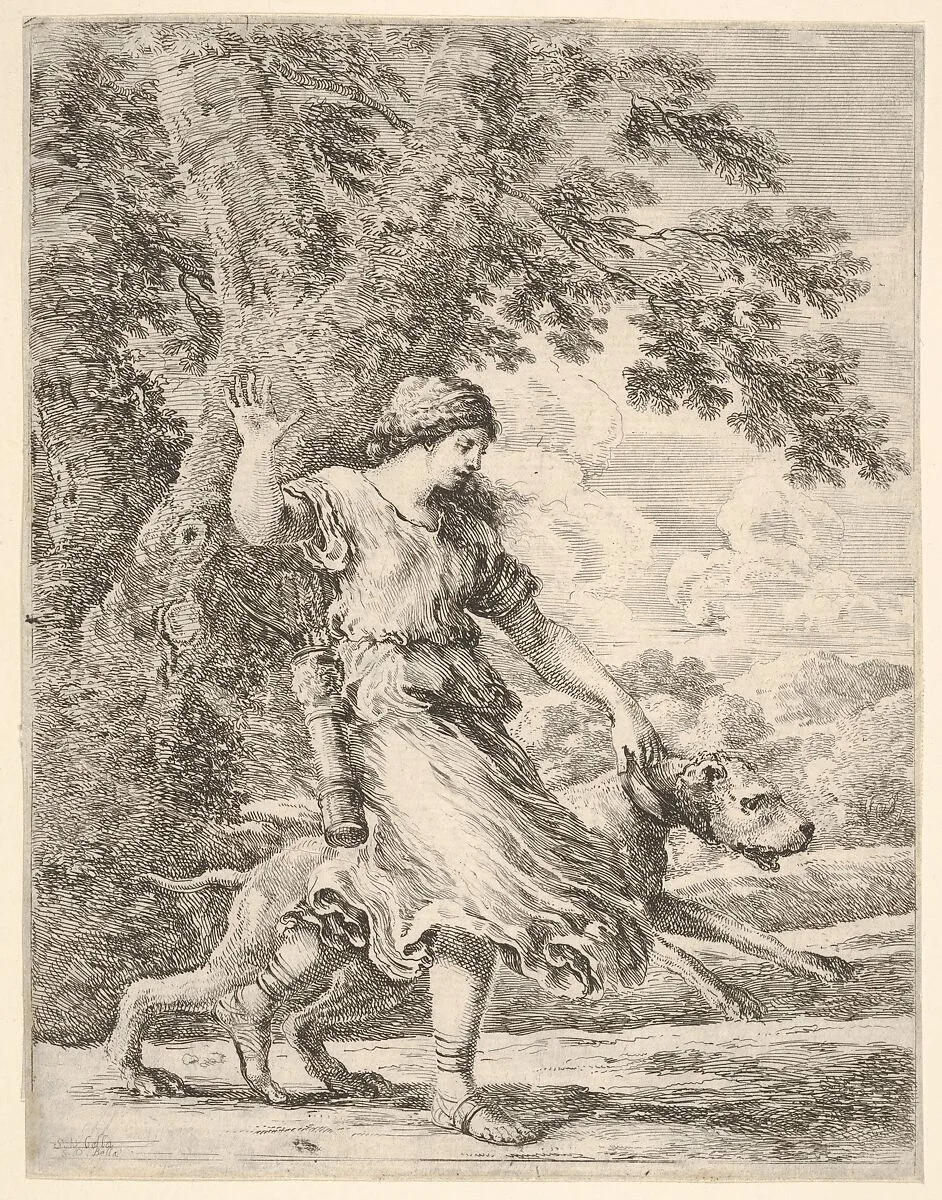 A nymph holding a large dog by the collar, or 'La belle chasseresse' — Stefano della Bella