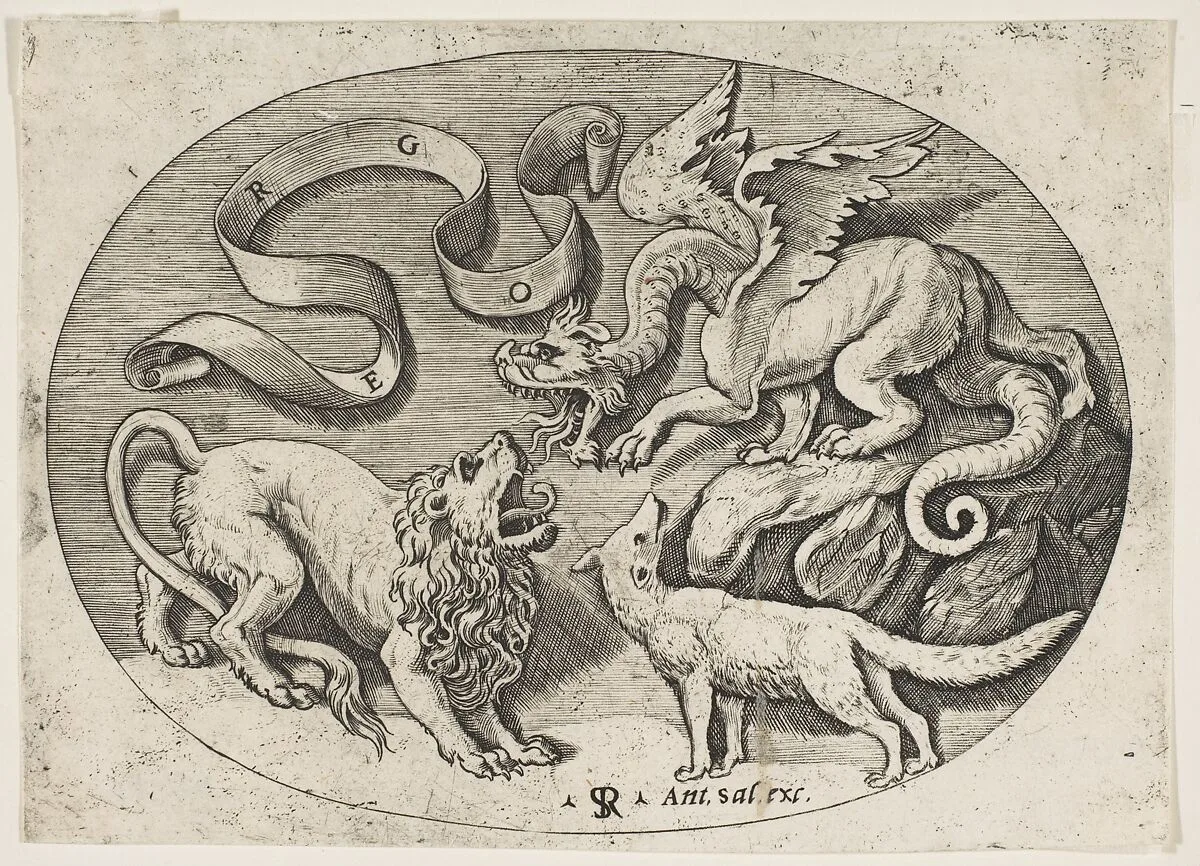 A lion, dragon and fox fighting each other, an inscribed banderole above, an oval composition — Marco Dente|Antonio Salamanca