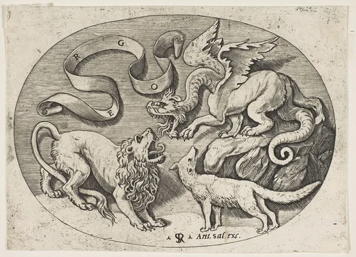 A lion, dragon and fox fighting each other, an inscribed banderole above, an oval composition