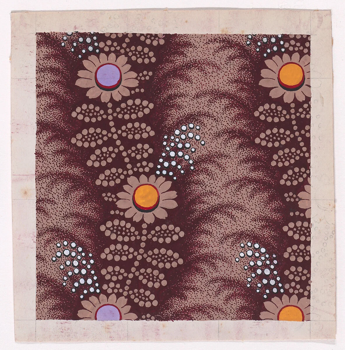 Textile Design with Vertical Undulating Garlands of Stylized Daisies with Pearls and Leaves over a Stippled Background — Anonymous, Alsatian, 19th century