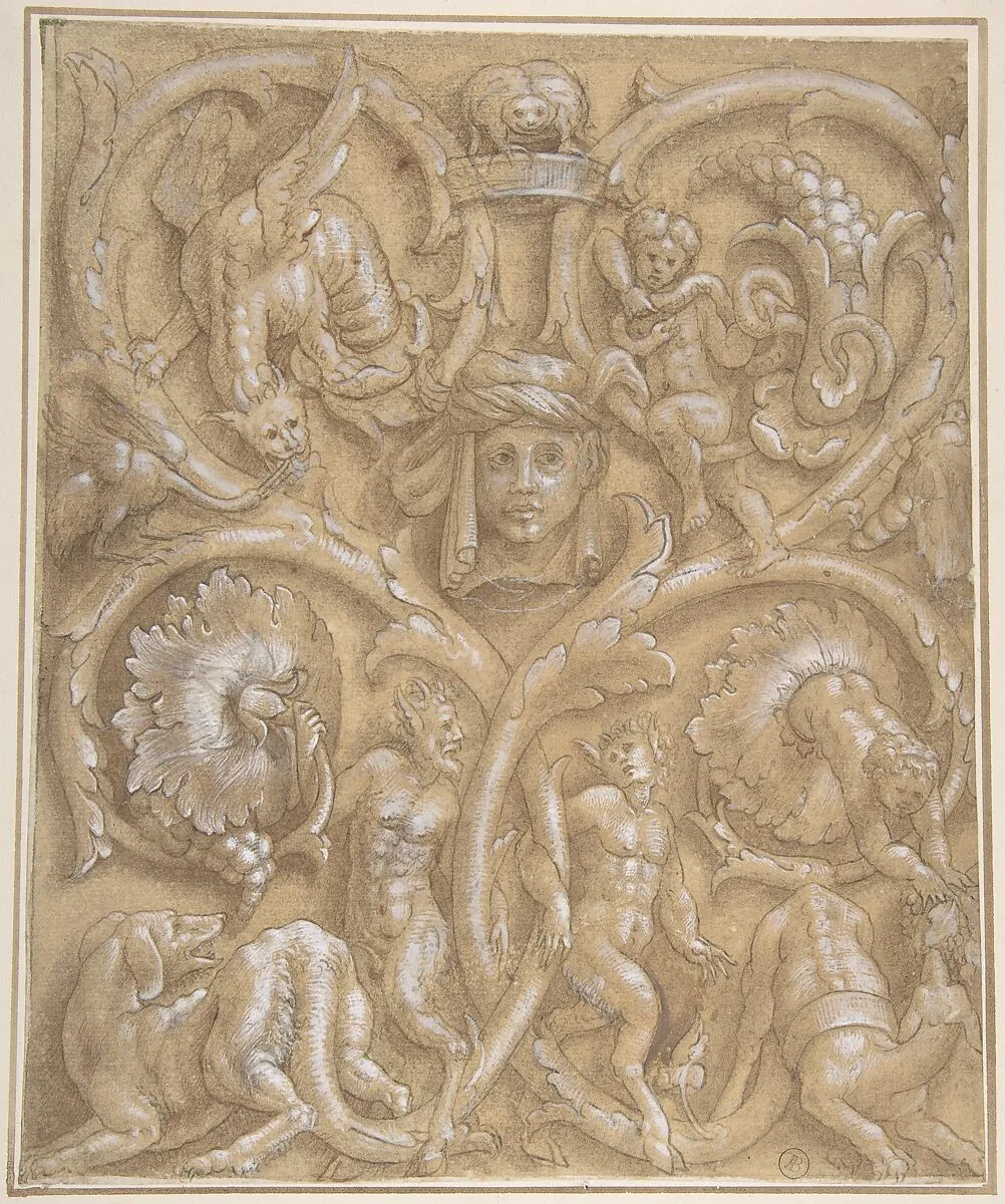 Design for an Ornamental Panel with Rinceaux, Satyrs, Putti, Monsters and a Human Head — Giulio Campi