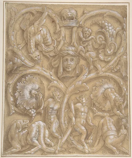 Design for an Ornamental Panel with Rinceaux, Satyrs, Putti, Monsters and a Human Head