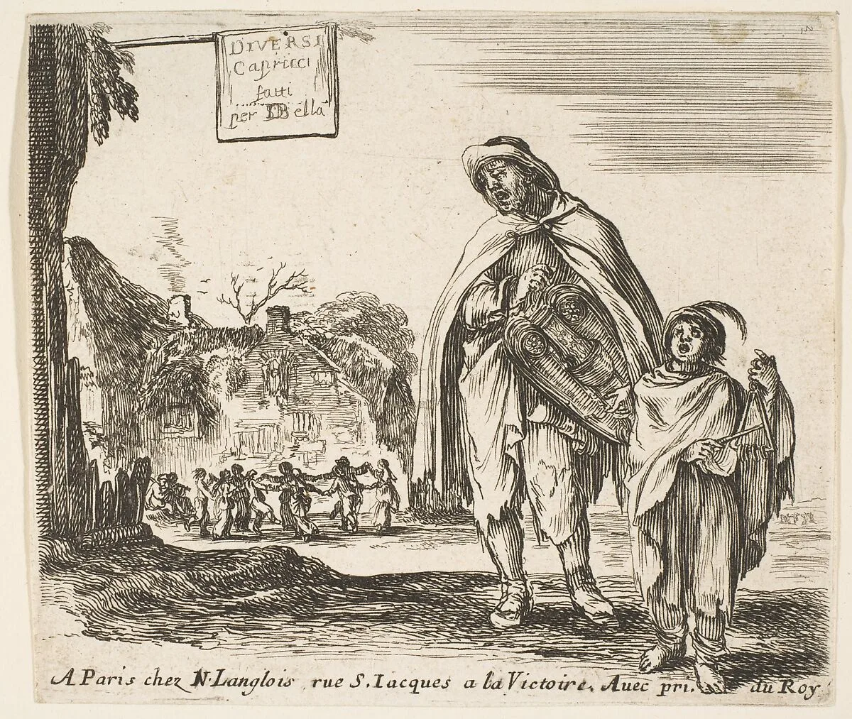 A man sings and plays the hurdy gurdy, accompanied by a boy playing the triangle to right, a group of peasants dancing in a ring to left in background, plate 1 and title page for "Diversi capricci" — Stefano della Bella|Nicolas Langlois