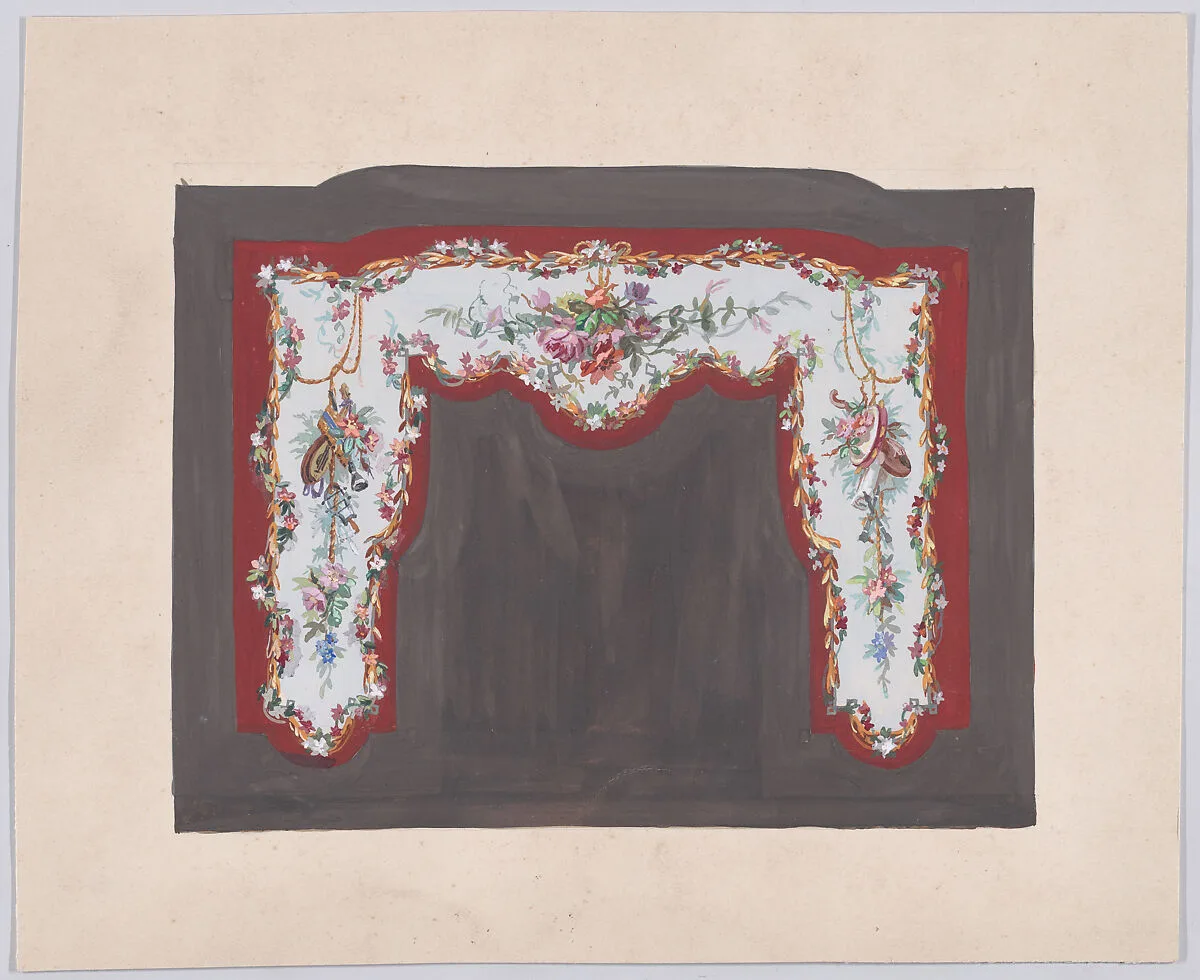 Design for a Fireplace (?) with Bundles and Garlands of Flowers Decorated with Musical Instruments — Anonymous, French, 19th century