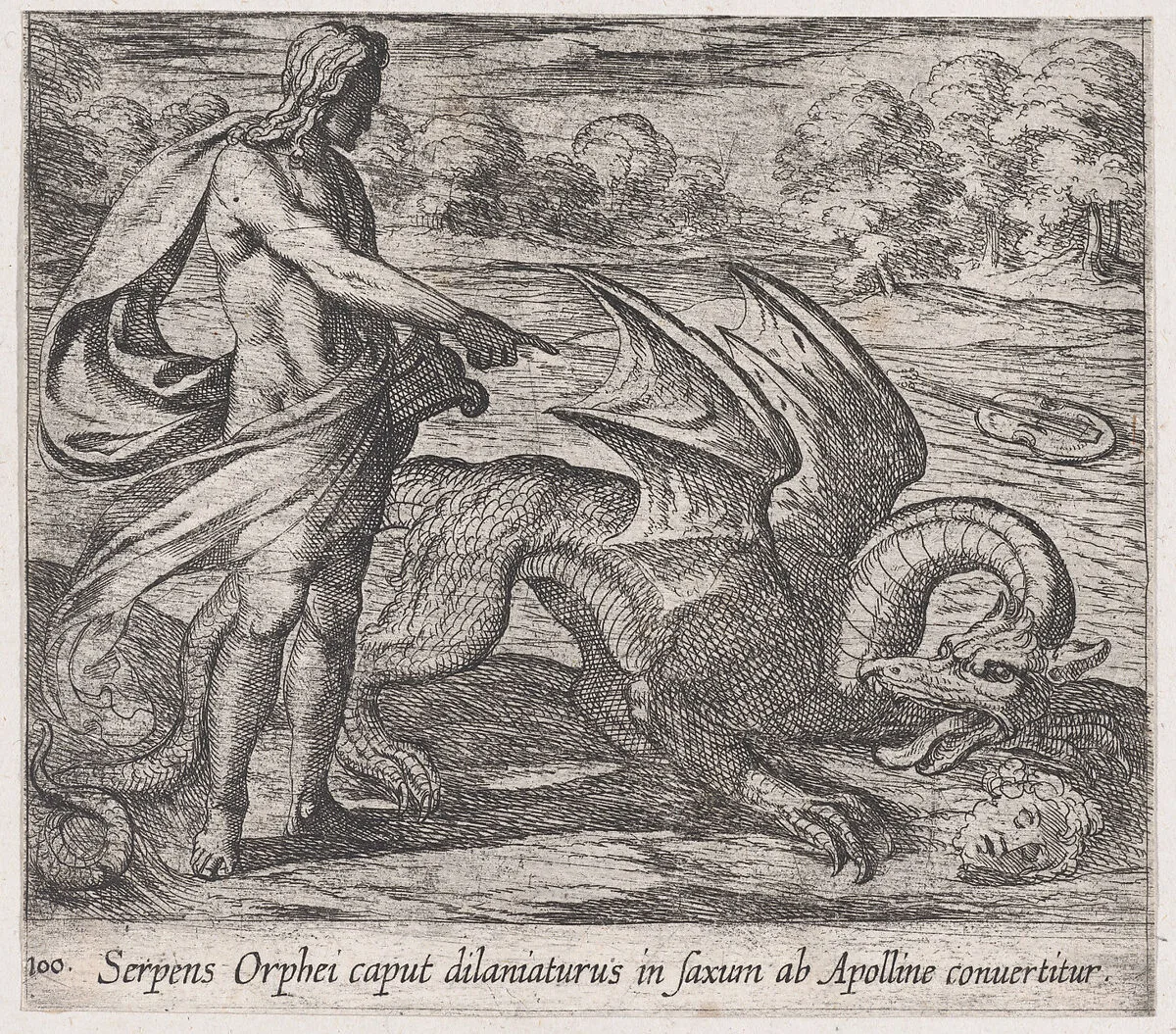 Plate 100: Apollo Killing the Serpent Attacking Opheus's Head (Serpens Orphei caput dilaniaturus in saxum ab Apolline convertitur), from Ovid's 'Metamorphoses' — Antonio Tempesta